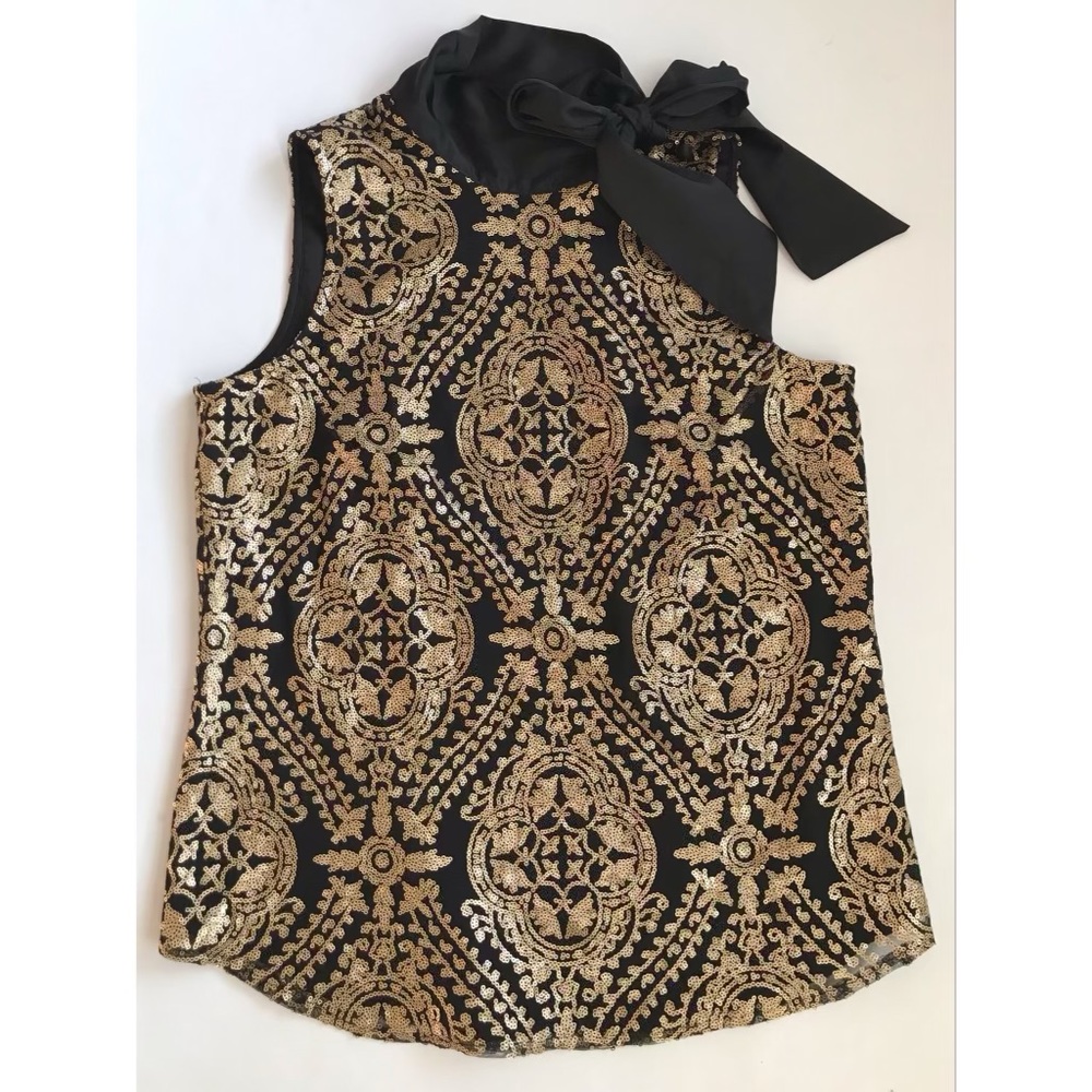 Eva Mendes Women’s Black & Gold Sequin Sleeveless Top Bow Detail Size Medium